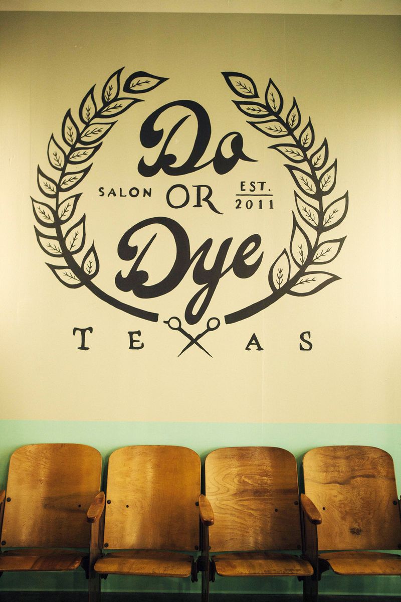 Do or Dye HTX wall signage and vintage salon seating