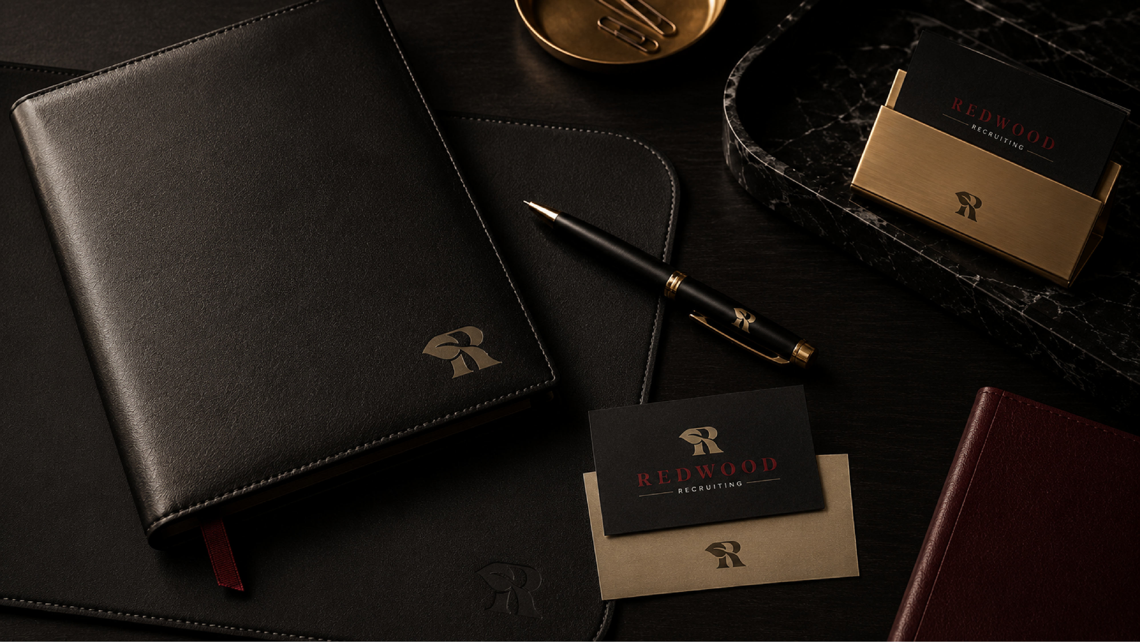 Redwood Recruiting branded folio, tumbler, and business cards on executive desk